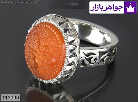 انگشتر نقره عقیق یمنی نارنجی خاک تربت کربلا مردانه دست ساز [حسبی الله] - 113900